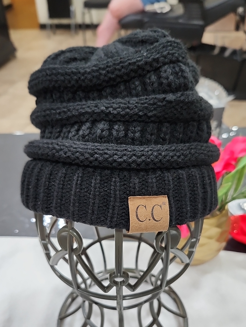 C.C Black Ribbed Knit Beanie with Leather Logo